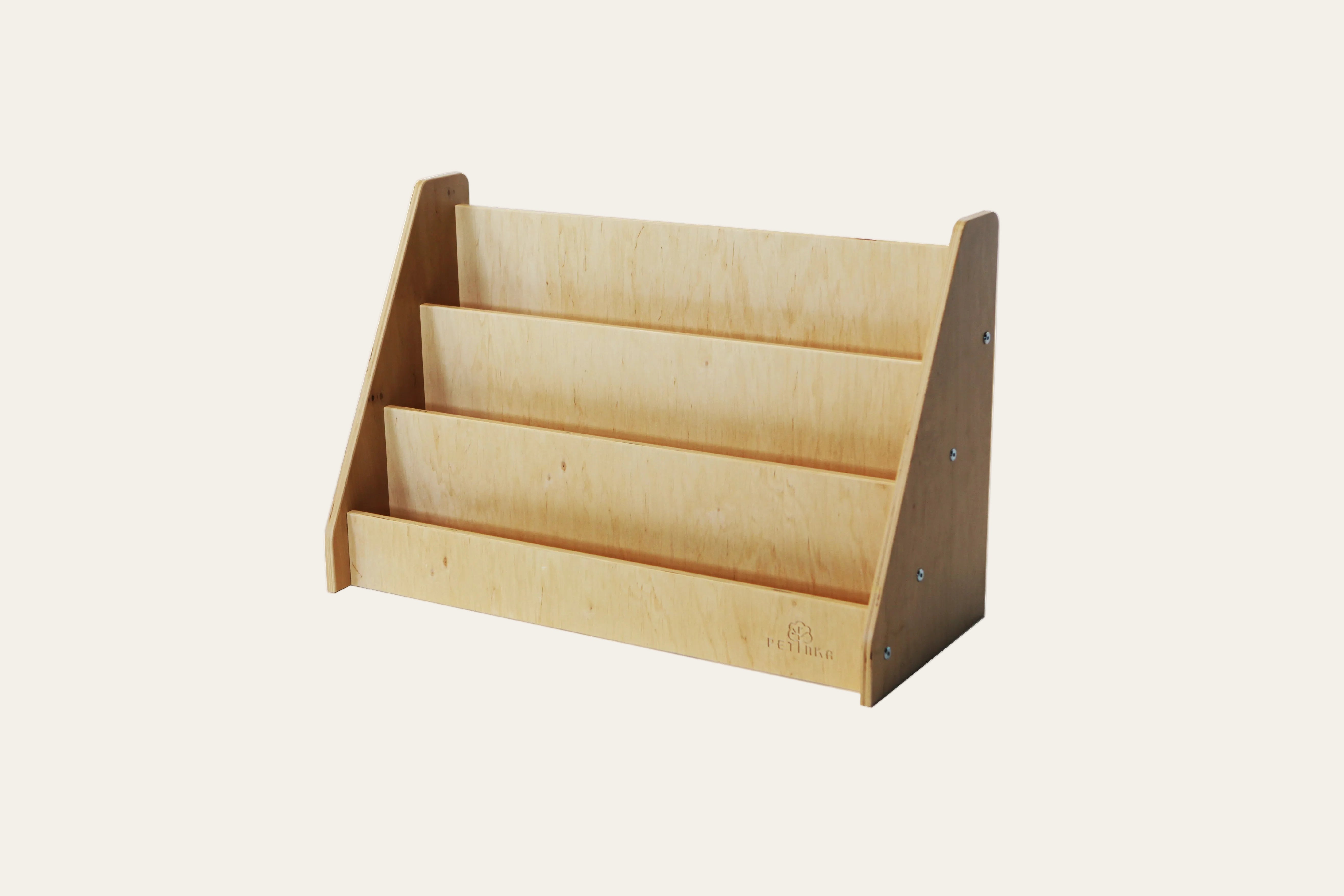 Montessori bookshelf mini with 3 shelves in birch plywood, front-facing book display – PETINKA