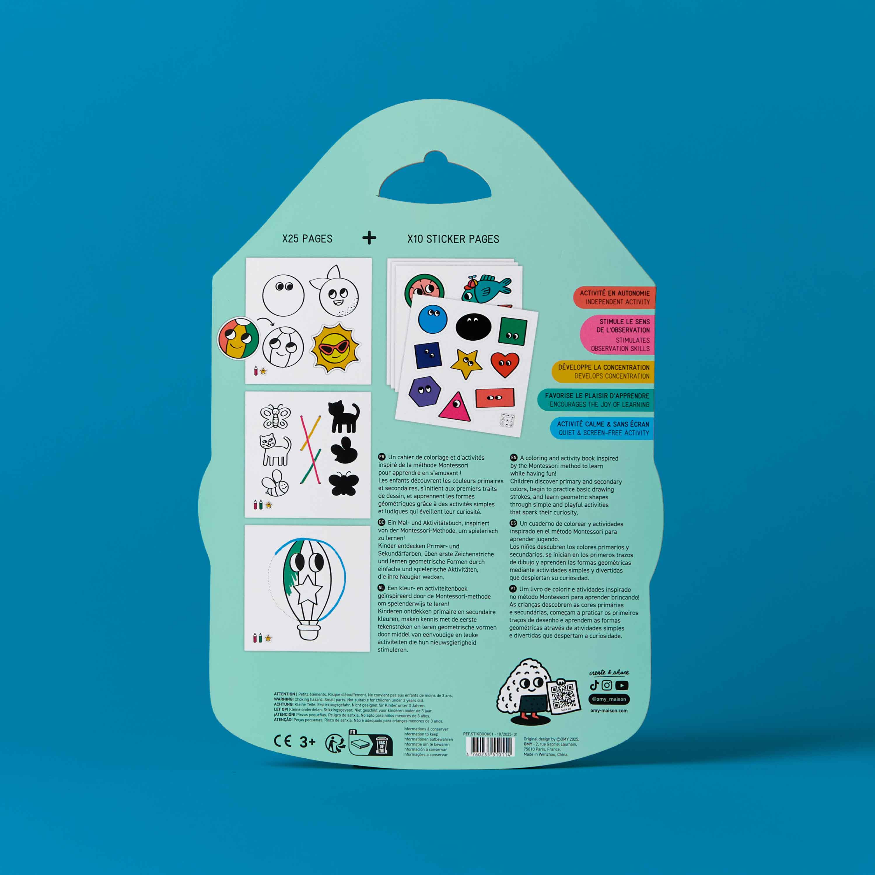 OMY Montessori Stickers Book — close-up of pages with geometric shapes