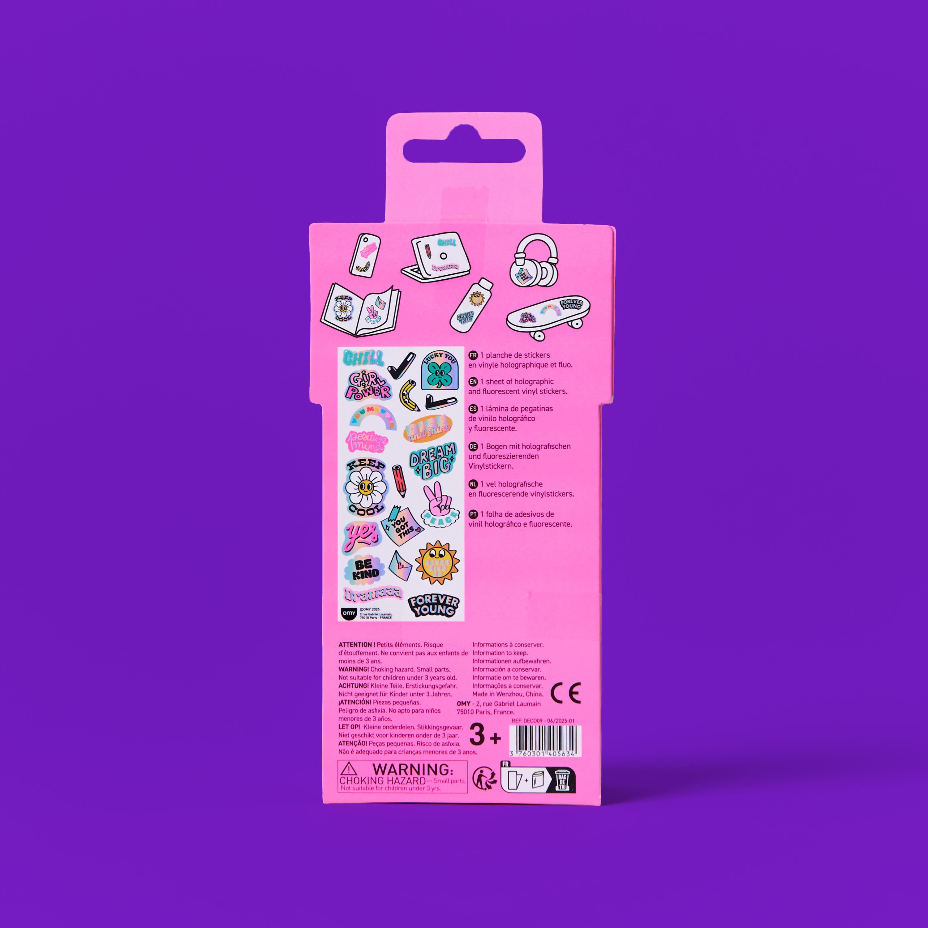 OMY Iconic Messages — sheet of fluorescent vinyl stickers with positive words - STICKER_ICONIC_MESSAGES_DOS_FC