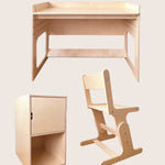 AGGIE study set – growing desk, chair and cabinet in birch plywood