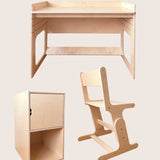 AGGIE study set – growing desk, chair and cabinet in birch plywood