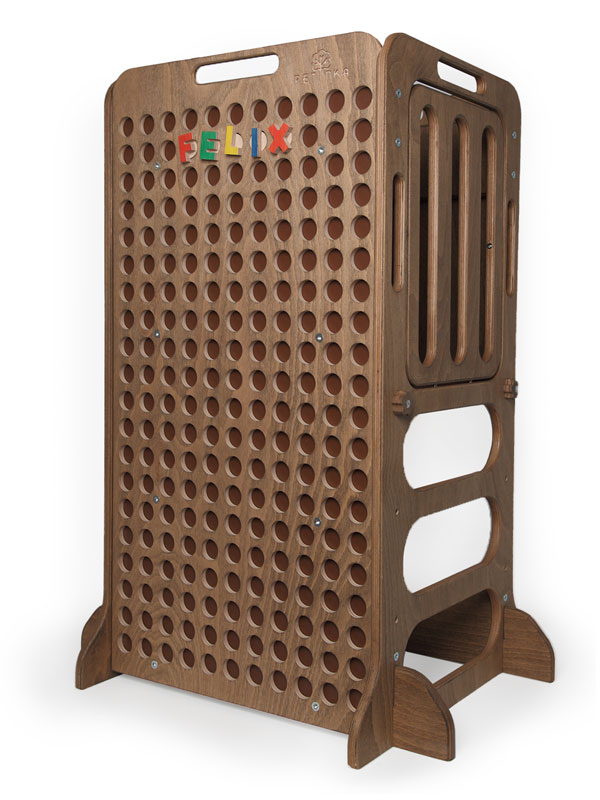 dark brown wooden learning tower with alphabet to learn