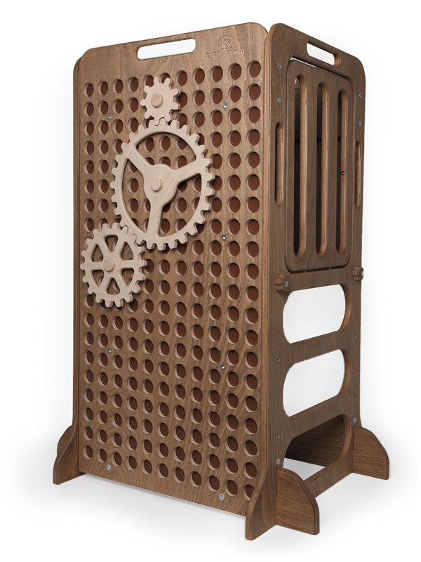 dark brown wooden learning tower with cog wheels for play