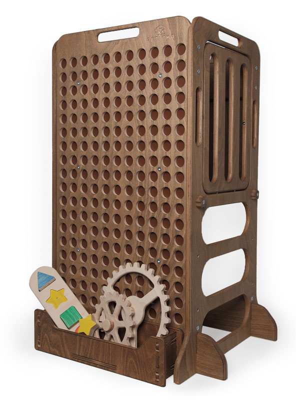 dark brown wooden educative learning tower with toys