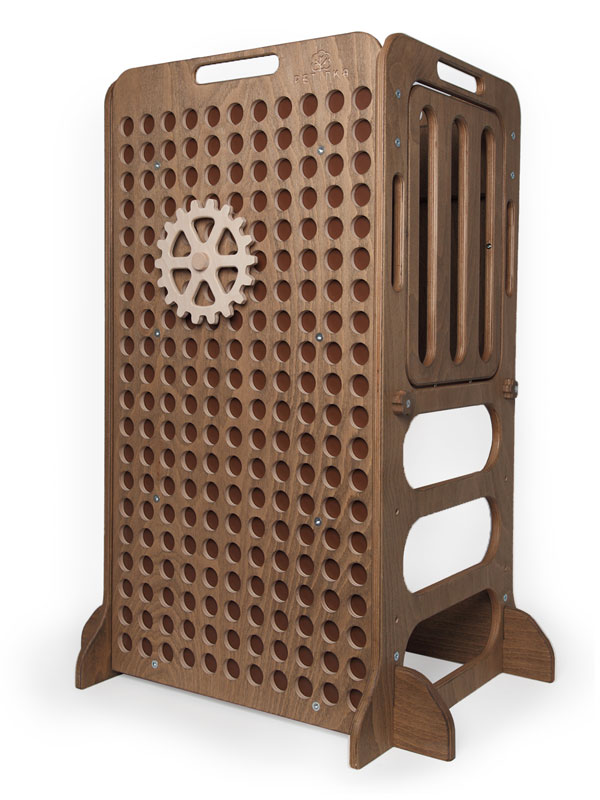 dark brown wooden learning tower with cog wheels for play