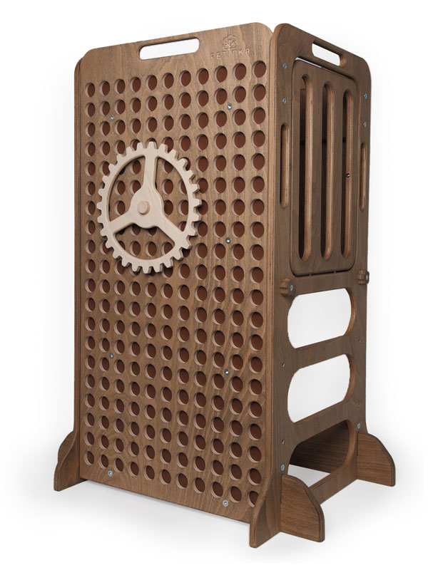dark brown wooden learning tower with medium cog wheel for kids play