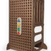 dark brown wooden learning tower with montessori puzzle game