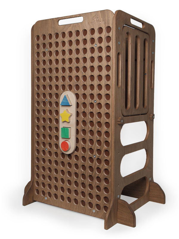 dark brown wooden learning tower with montessori puzzle game