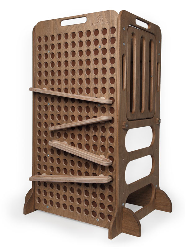 dark brown wooden learning tower with marble runway