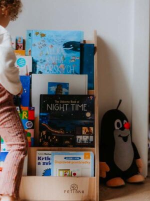 natural wooden bookshelf for kids